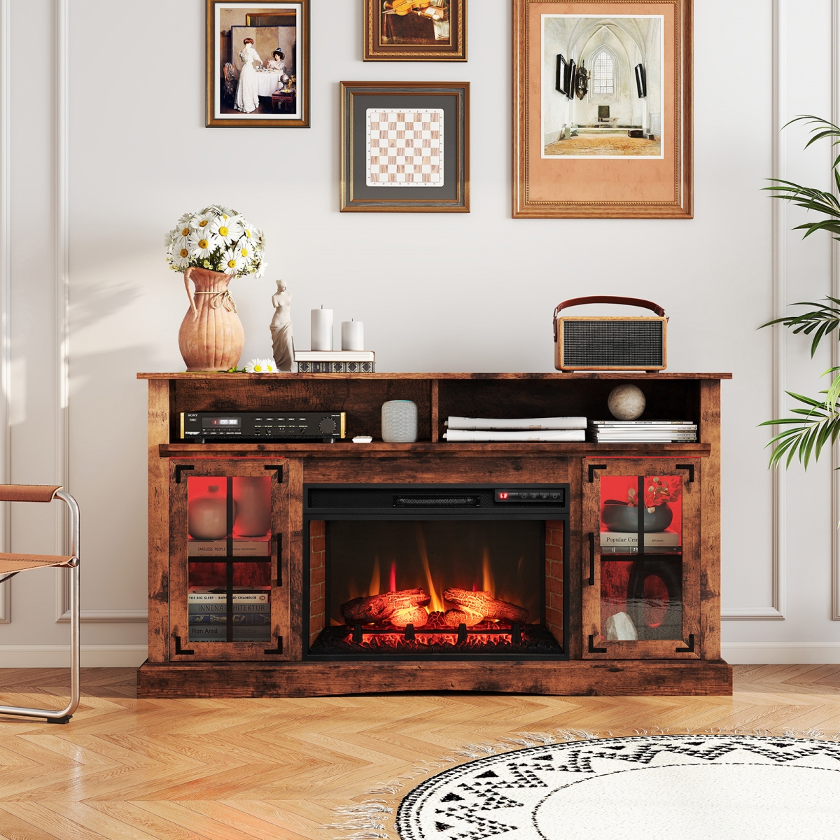 FP10888CF- FP10547US-BK Fireplace TV Stand with Remote Controls & Thermostat for TVs Up to 50 in. - Rustic Brown