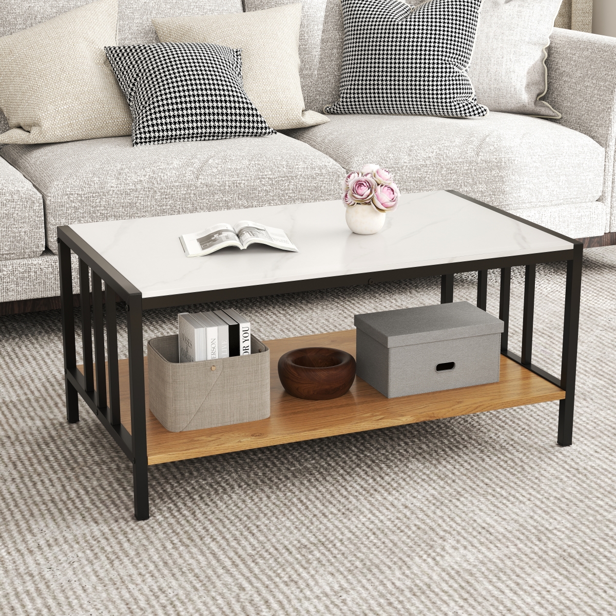 HV10710WH 2 Tier Coffee Table with Sintered Stone Tabletop - White