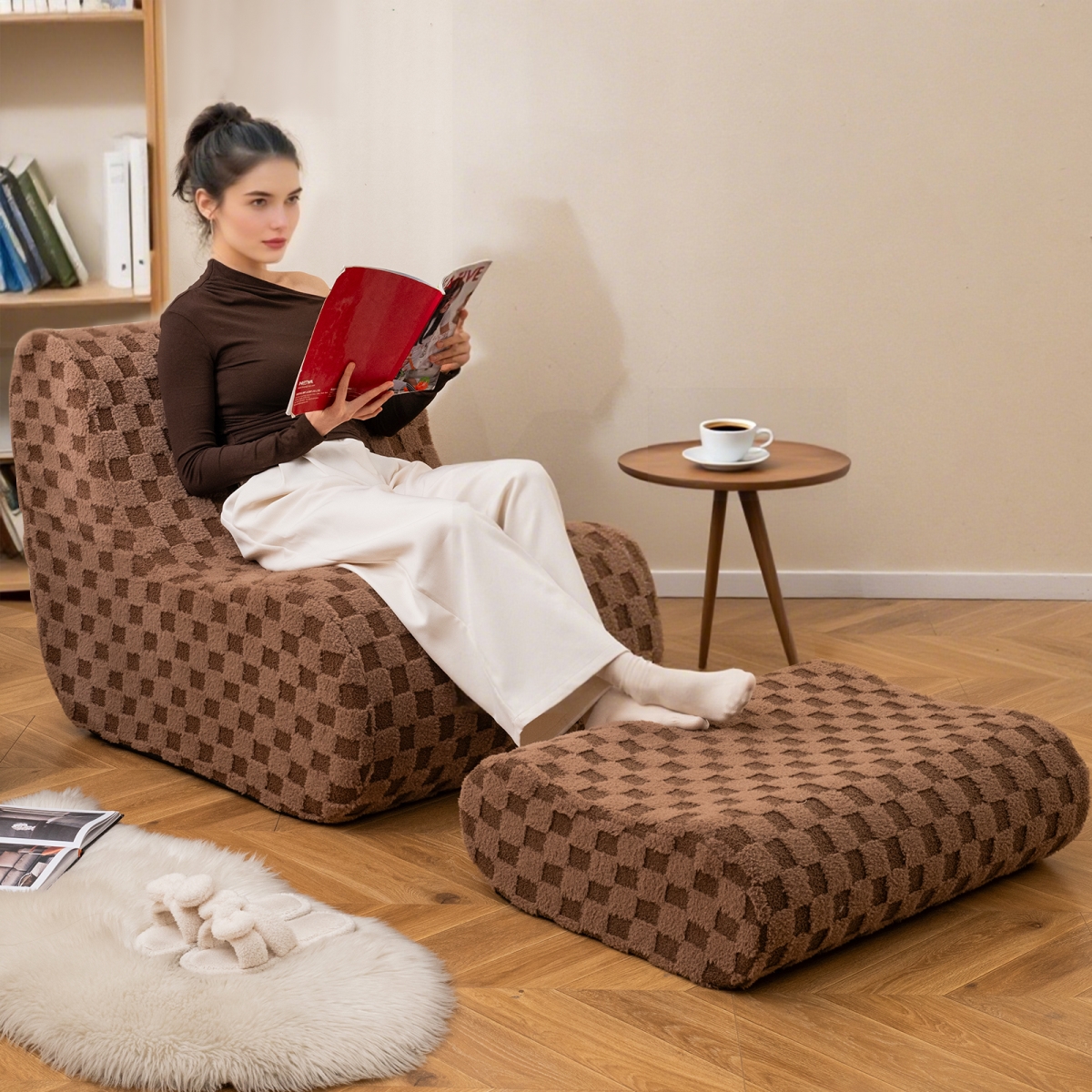 HV10722BN Bean Bag Chair with Ottoman & High Elasticity Sponge - Brown