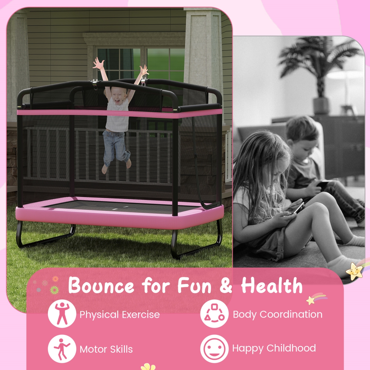 TW10120PI 6 ft. Kids Trampoline with Swing & Horizontal Bar Small Rectangle Trampoline - Pink