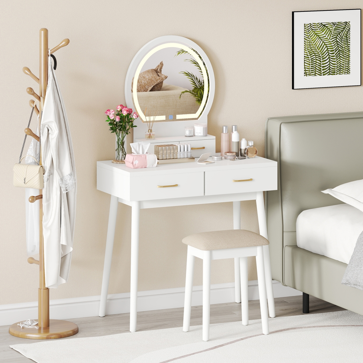 HU10994WH Small Vanity Makeup Dressing Table Set with Cushioned Stool & LED Lighted Mirror - White