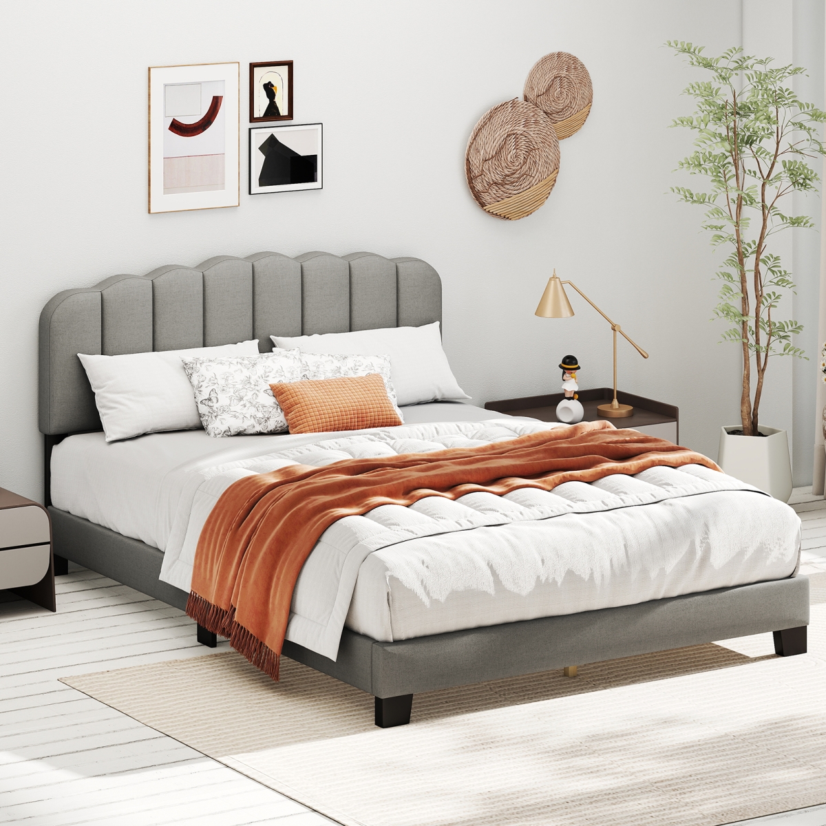 HU11145US-QLR Bed Frame with Adjustable Scalloped Tufted Headboard - Queen Size