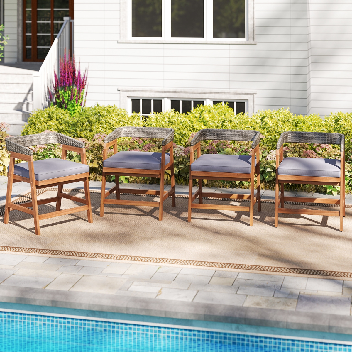 HW73225GR Outdoor Acacia Wood Patio Wicker Dining Chairs with Seat Cushion - Gray - Set of 4