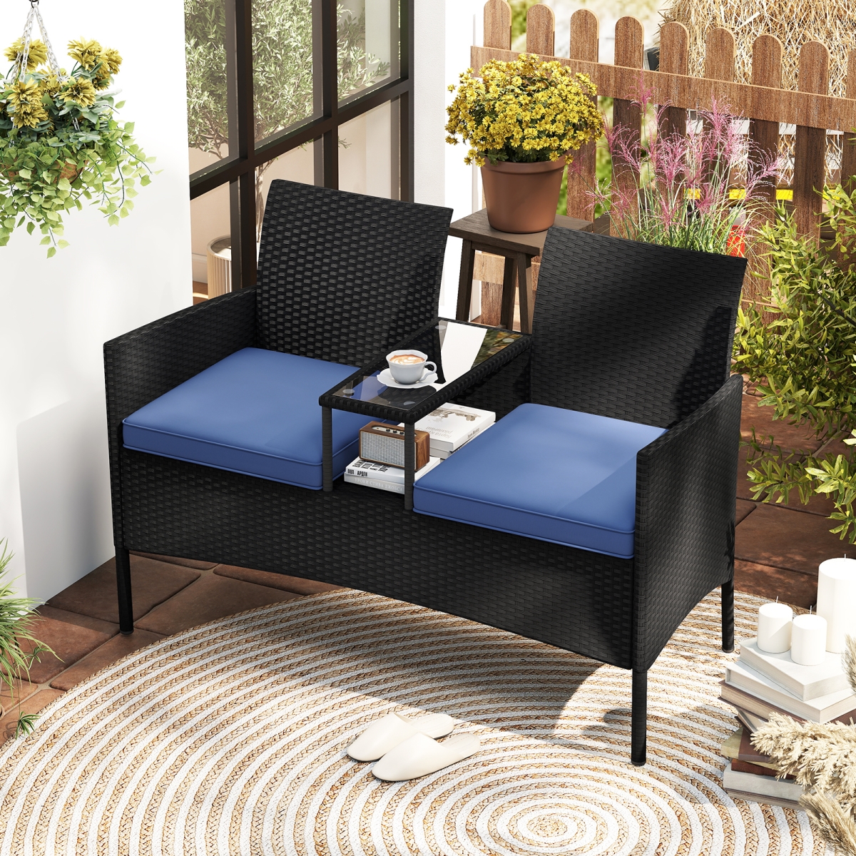 HW73650NY Patio Loveseat with Built-in Table for Backyard Porch - Navy