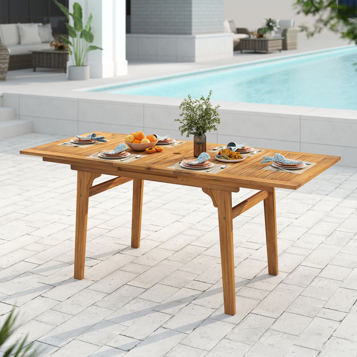 HW73661 55 in. Patio Dining Table Expandable for 6-8 People with Umbrella Hole