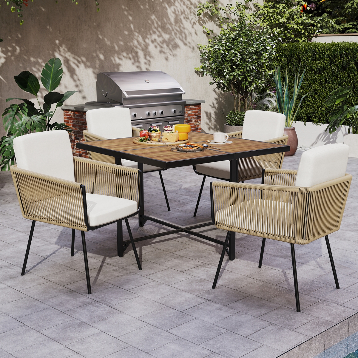 HW74045WH- Patio Dining Set with Acacia Wood Tabletop - 5 Piece