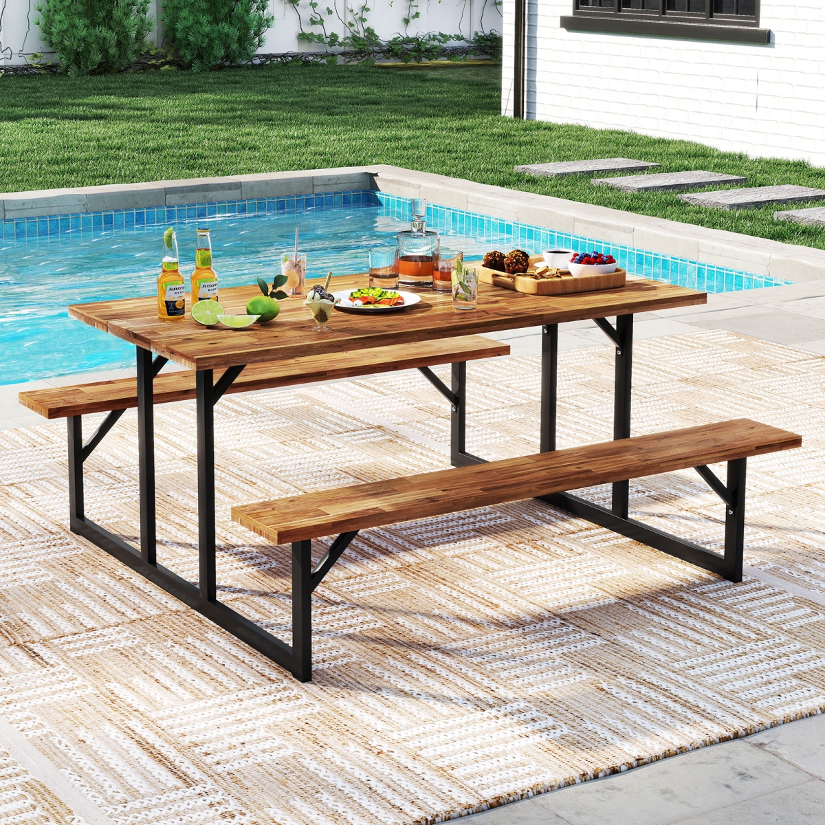 HW74055 6-Person Acacia Wood Picnic Table with 2 Built-In Benches