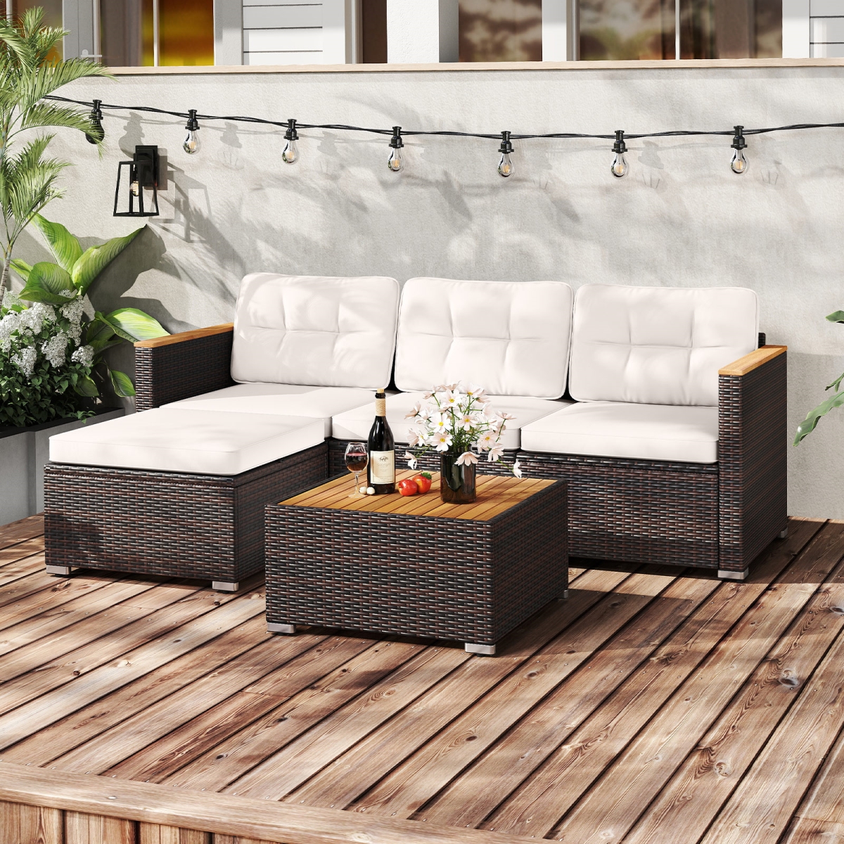 HW74089WH- Wicker Conversation Set with Rattan Set with Cushions & Coffee Table - White - 5 Piece