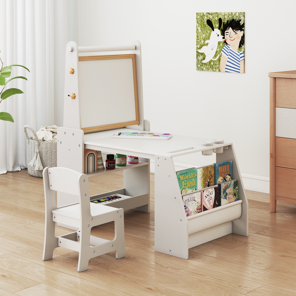 HY10391GR Kids Art Table & Chair Set with Easel & Chair for Drawing Reading - Grey
