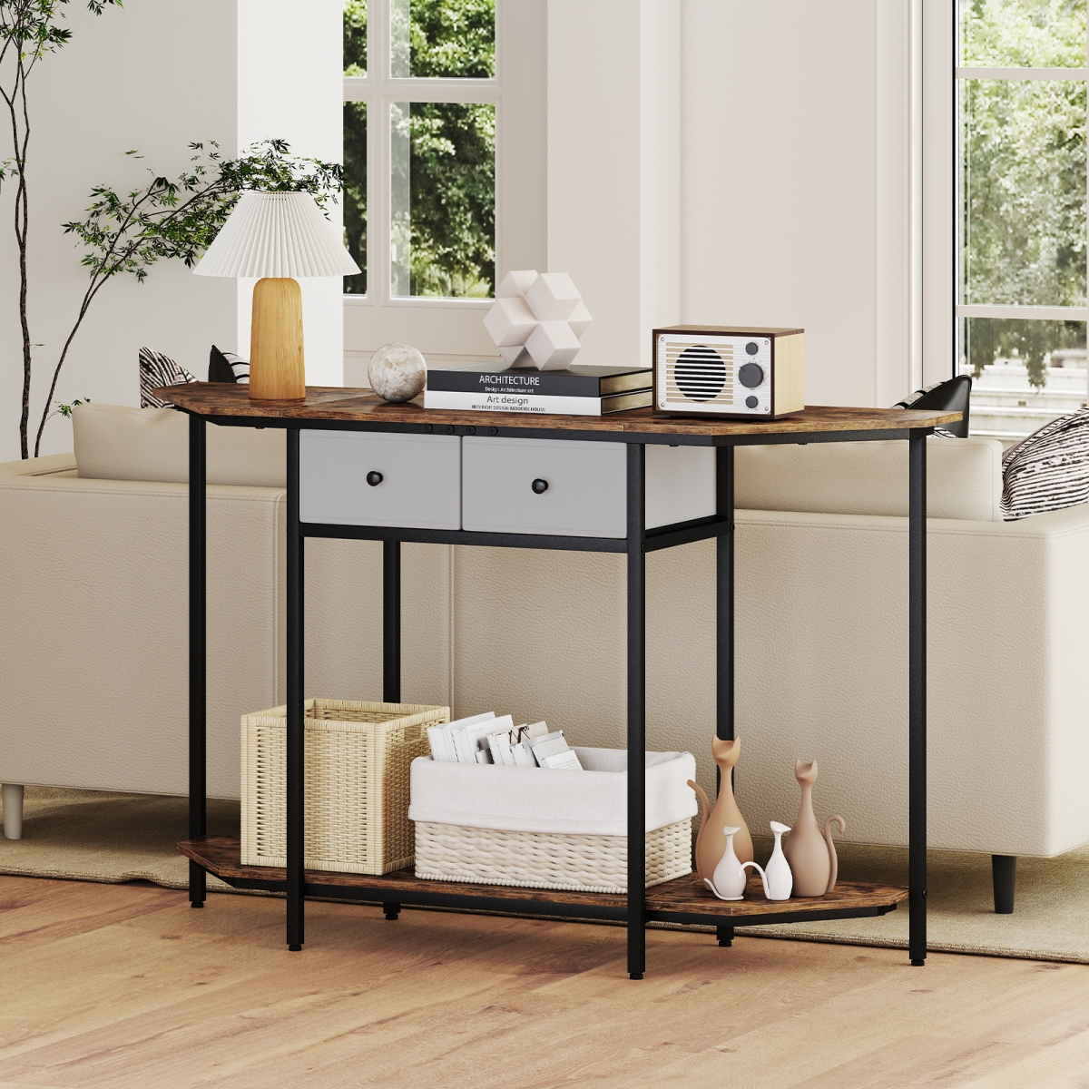JV12762CF Console Table with 2 Drawers & Open Storage Shelf - Rustic Brown