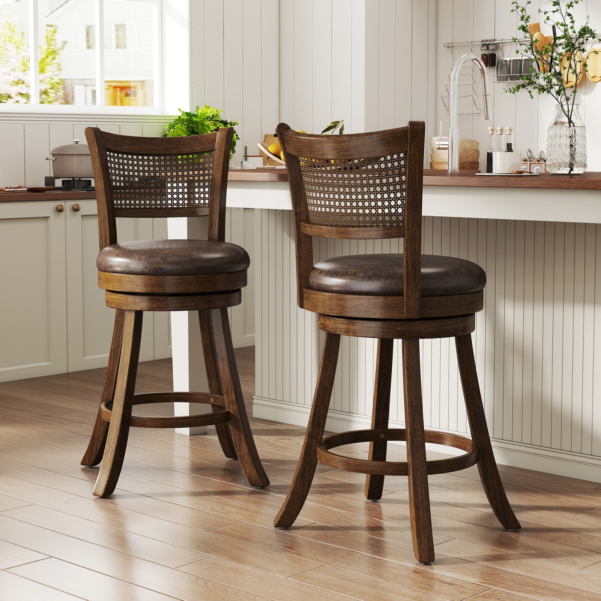 JV12824BN-24 Bar Stools 25 in. Swivel Bar Chairs Leathaire Counter Height Stools - Brown - Set of 2