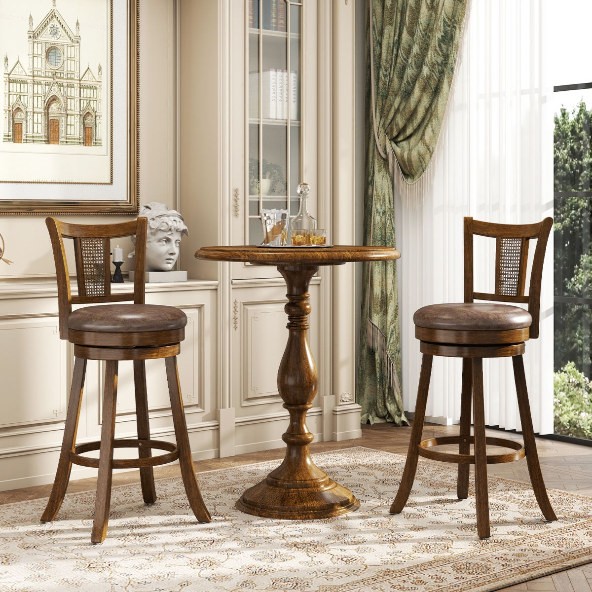 JV12825BN-29 30 in. Bar Stools with PE Rattan Backrest & Rubber Wood Frame - Brown - Set of 2