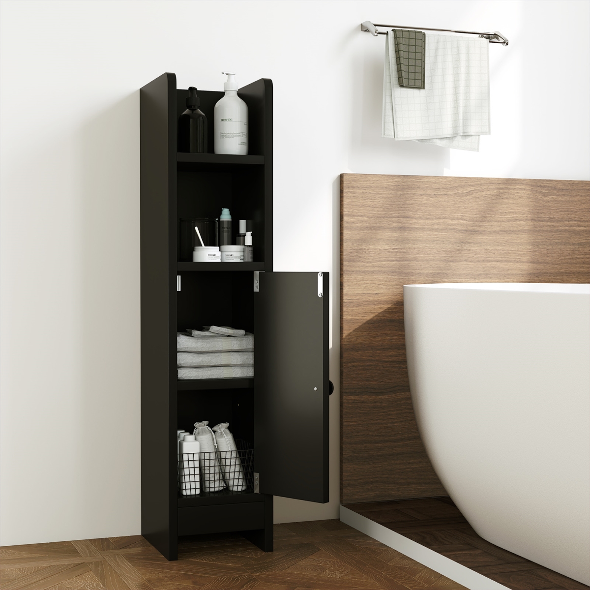 JV12868DK Bathroom Slim Cabinet Corner with Door & Adjustable Shelf - Black
