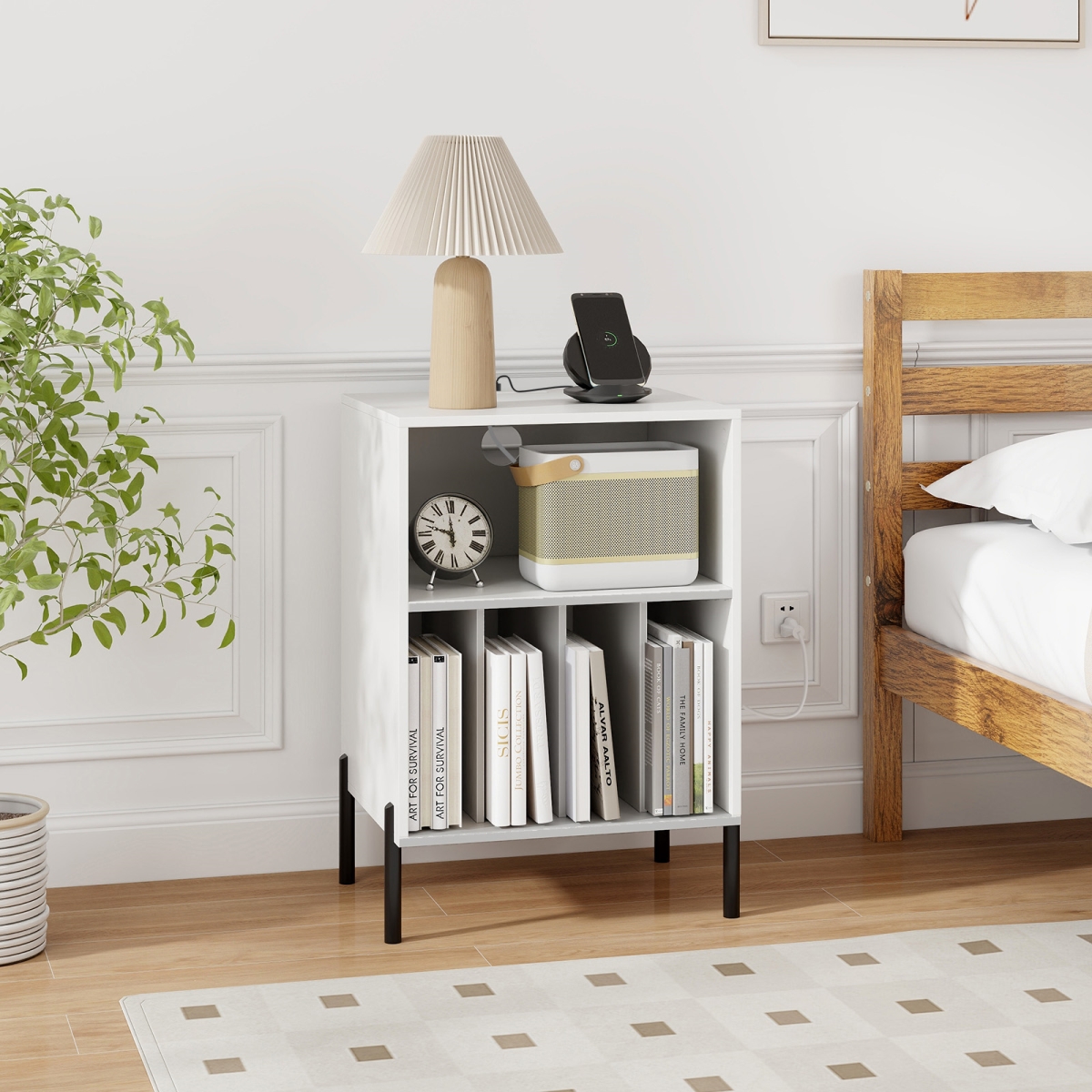 JV12911US-WH Record Player Stand with Storage Shelf & Charging Station - White