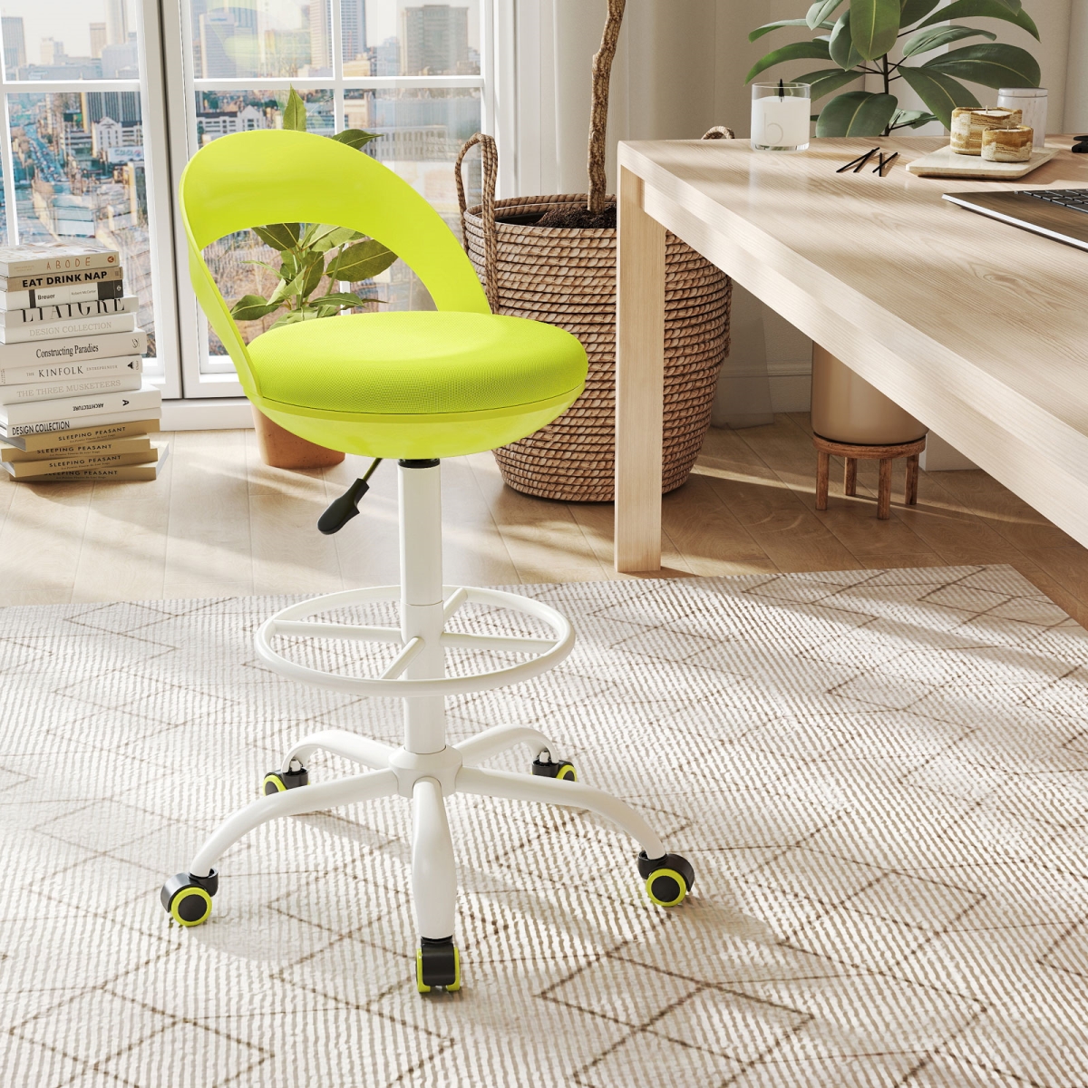 JV12787GN Drafting Stool Rolling Tall Desk Chair with Wheels - Green
