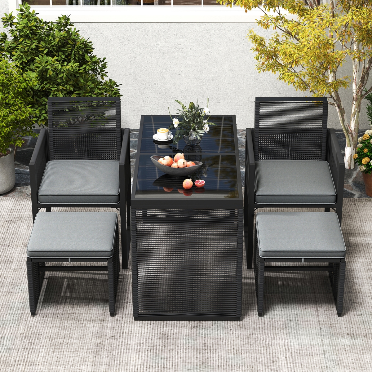 HW73584GR- Outdoor Conversation Set with Removable Cushions for Backyard Porch - Gray - 5 Piece