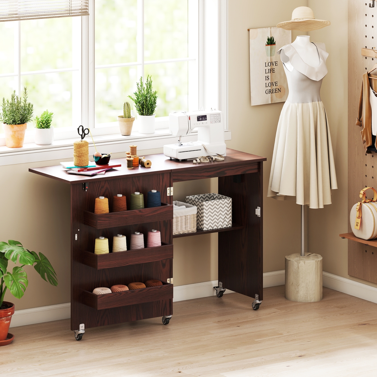 HW73607US-BN Sewing Machine Table with Charging Station & Lockable Casters - Brown