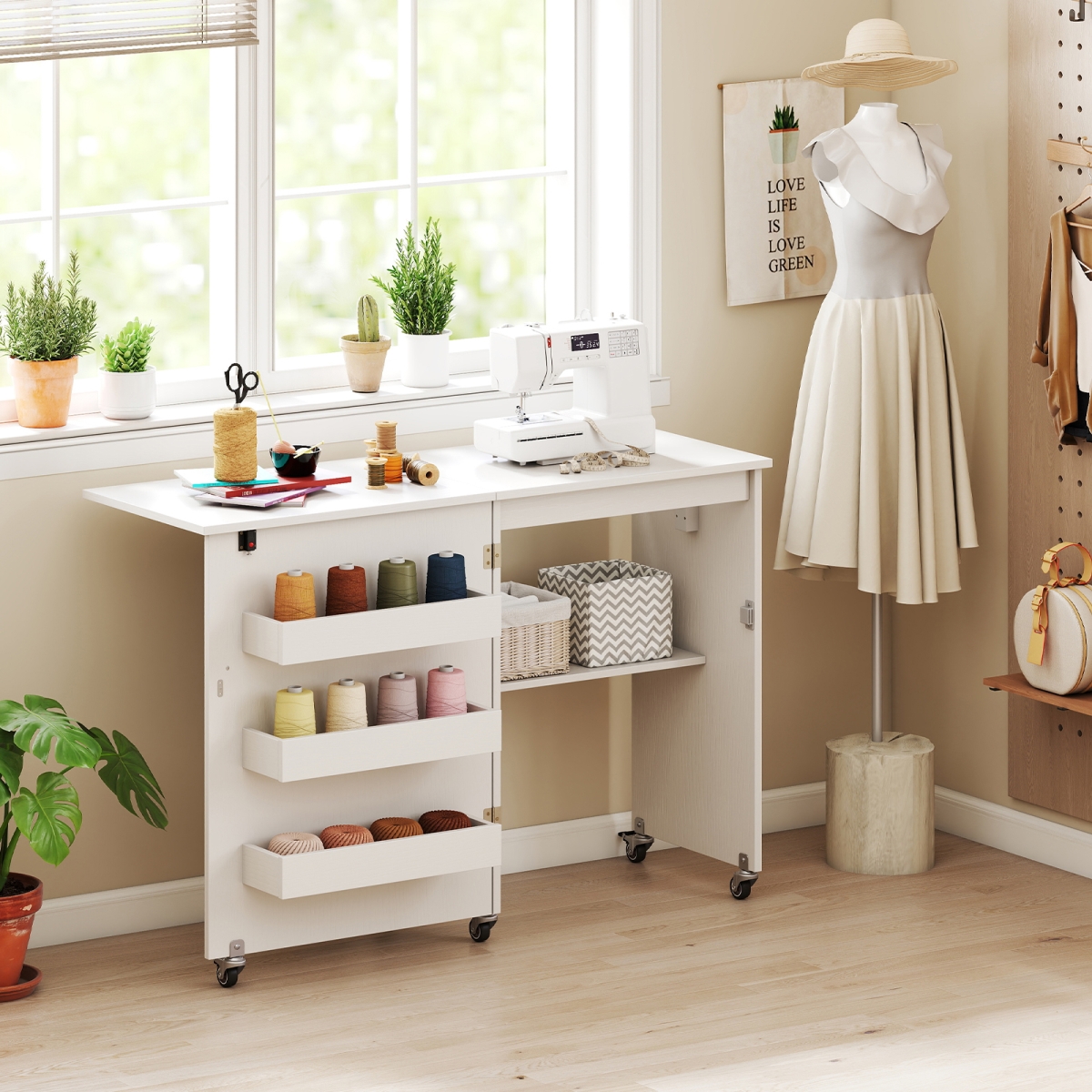 HW73607US-WH Sewing Machine Table with Charging Station & Lockable Casters - White