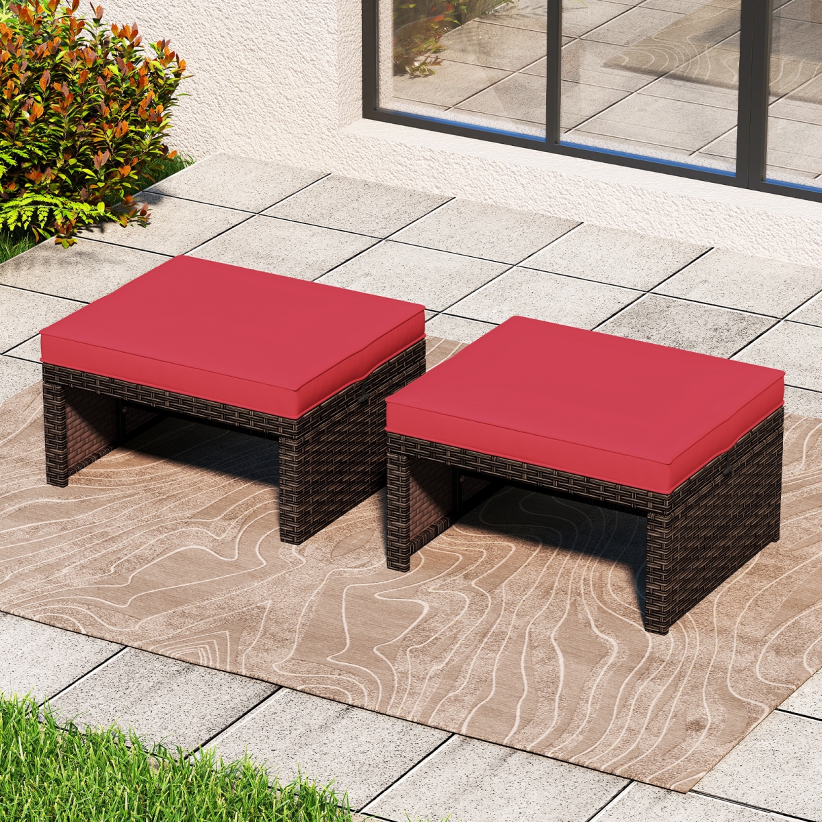 HW73634RE Multipurpose Outdoor Patio PE Rattan Ottomans Footstool - Red - 2 Piece