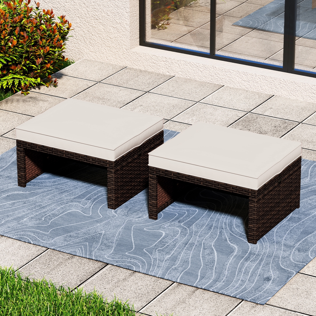 HW73634WH Multipurpose Outdoor Patio PE Rattan Ottomans Footstool - White - 2 Piece