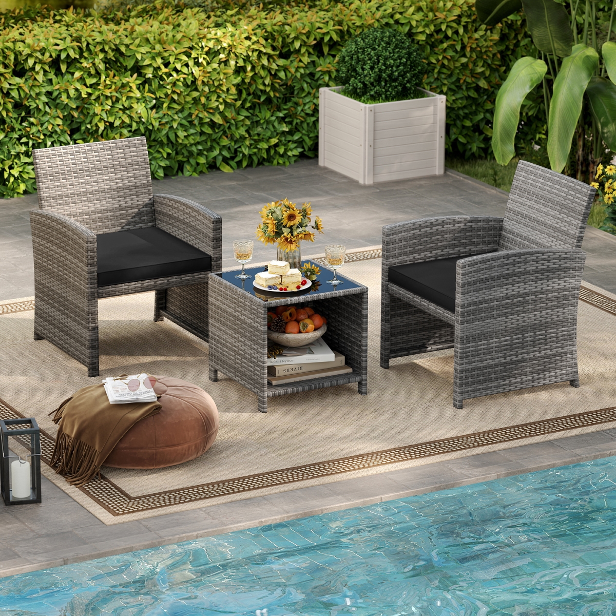 HW73636DK Patio Furniture Set with Tempered Glass Coffee Table & Soft Seat Cushions - Black - 3 Piece