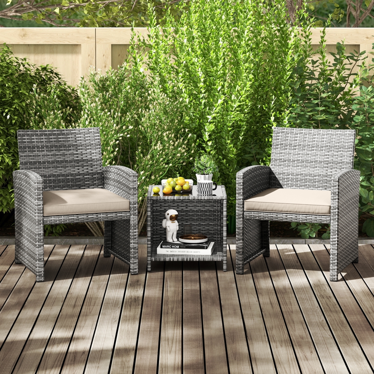 HW73636WH Patio Furniture Set with Tempered Glass Coffee Table & Soft Seat Cushions - White - 3 Piece