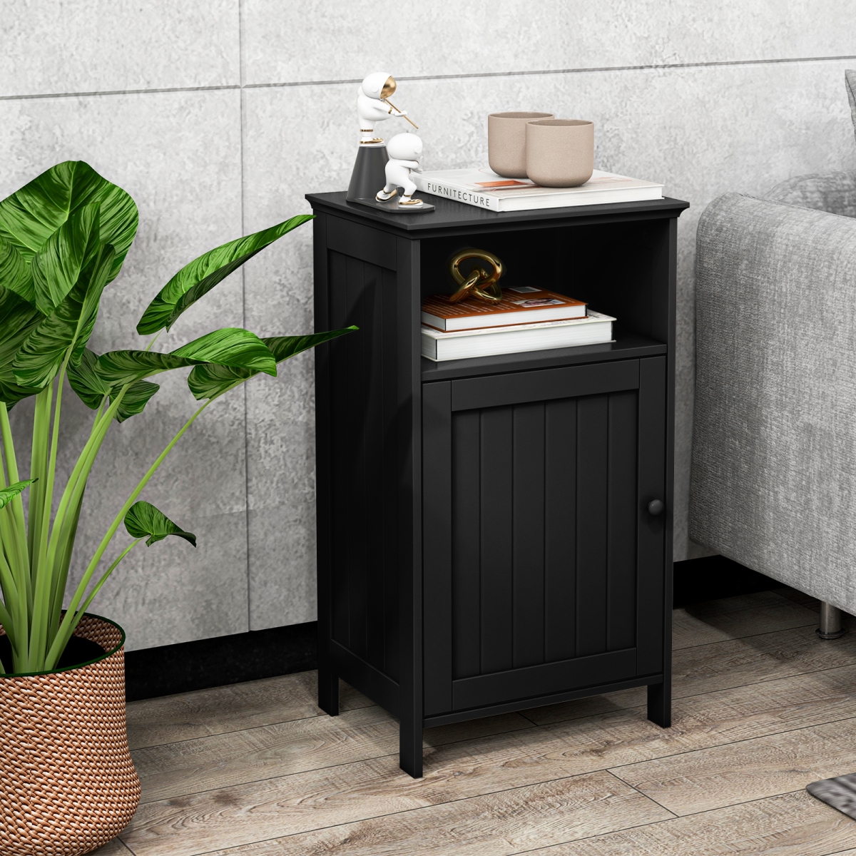 HW59319DK Bathroom Freestanding Floor Storage Cabinet with Adjustable Shelf - Black