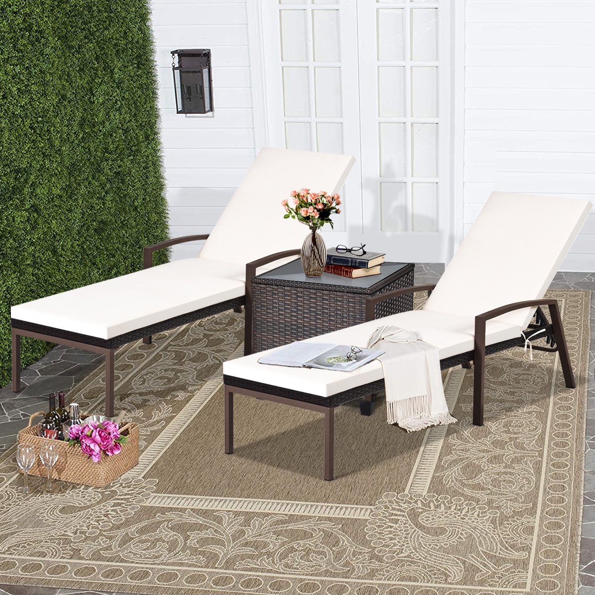 OP70262TU-WH Patio Rattan Reclining Chaise Lounge Chair with Cushion & Armrest - Turquoise & White - 2 Piece