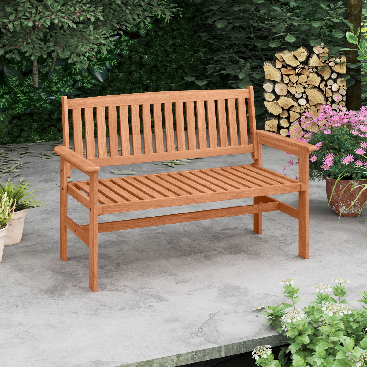 OP71365 2-Person Patio Loveseat with Slatted Backrest & Comfortable Armrests