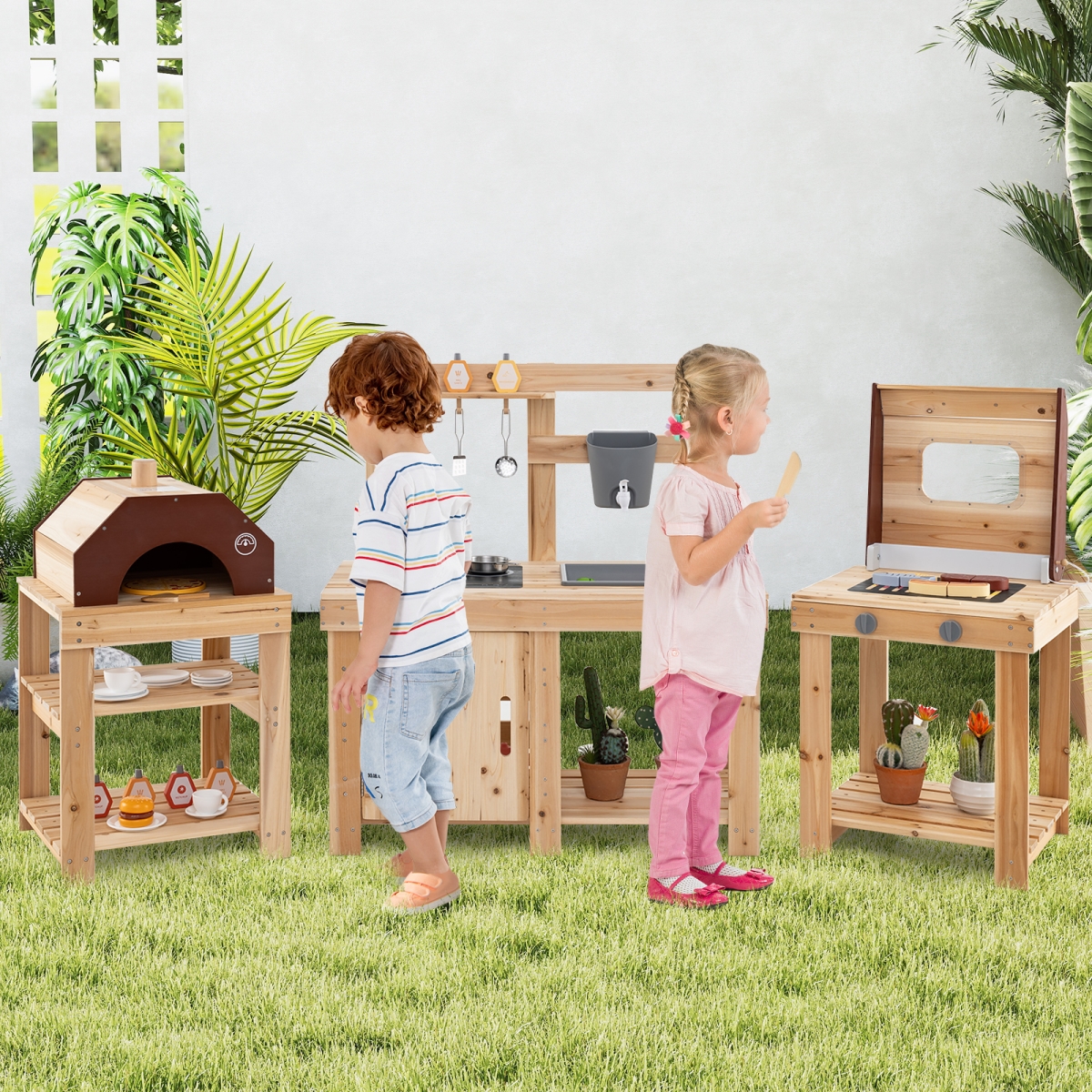 TM10105NA Outdoor Kitchen Set with Mud, Separate BBQ Grill & Pizza Oven - Natural - 3 Piece