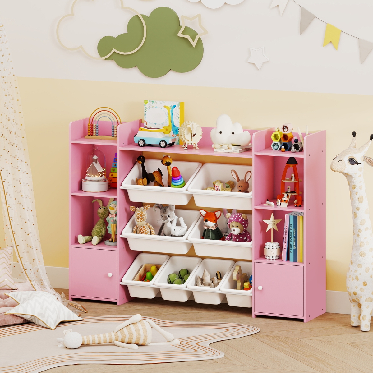 TP10385PI 56 in. Large Toy Storage Organizer with 8 Removable Bins & Bookshelf - Pink