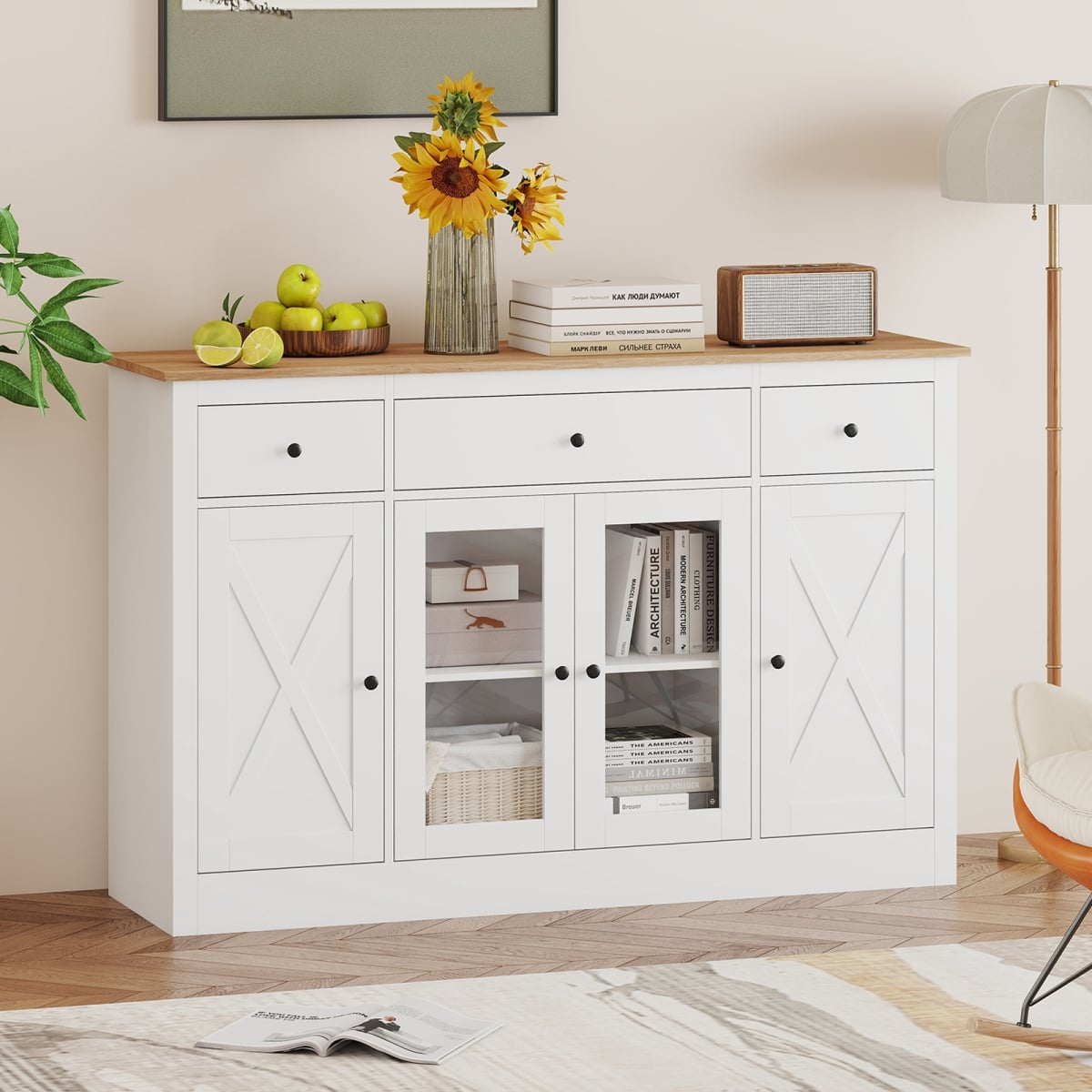 KC57457WH- 55 in. Large Buffet Sideboard Kitchen Storage Cabinet with 3 Drawers 2 See-Through Doors Adjustable Shelves Wine Bar Table - White