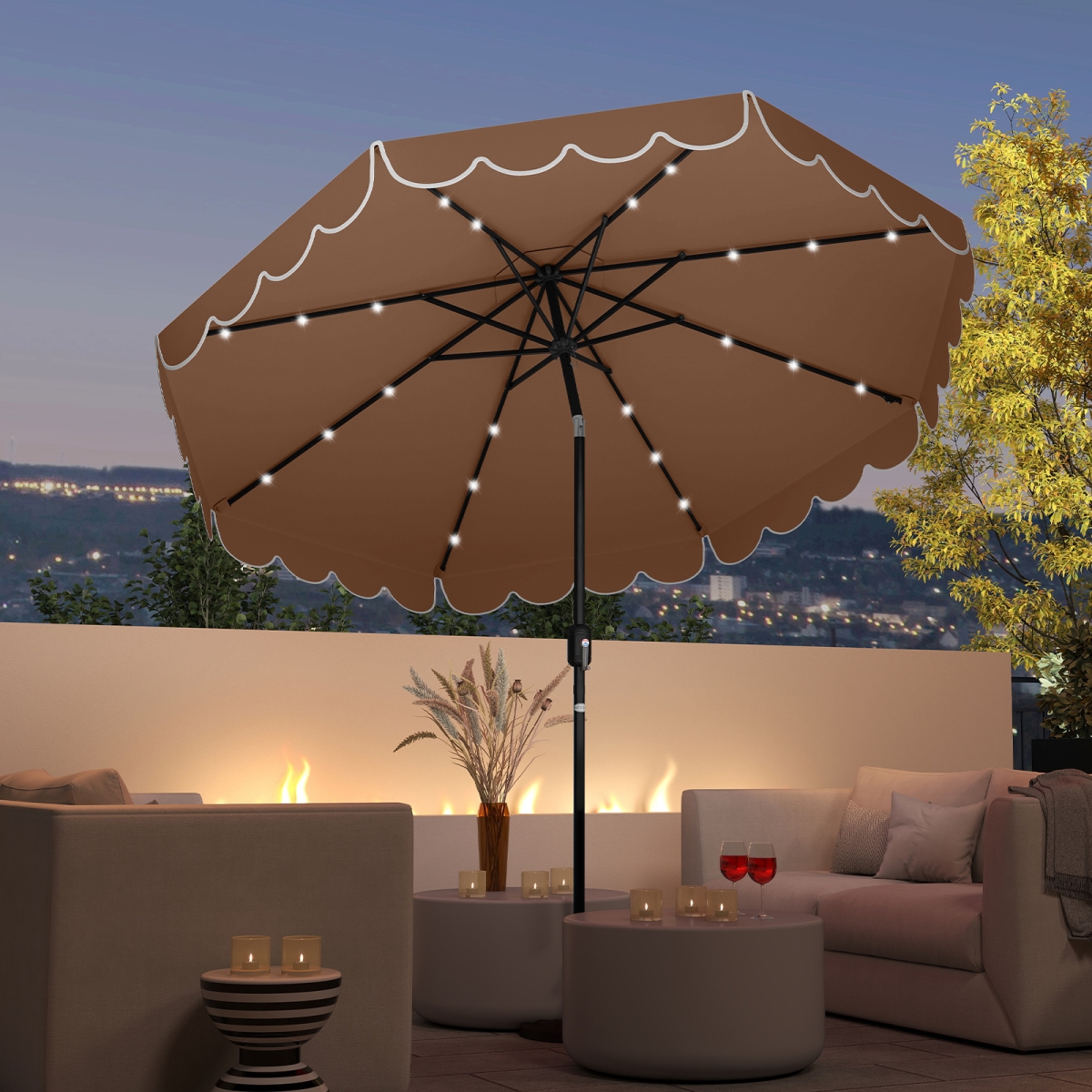 NP12472CF 9.3 ft. Solar Patio Umbrella with 24 LED Lights Vented Top & Ruffles - Coffee