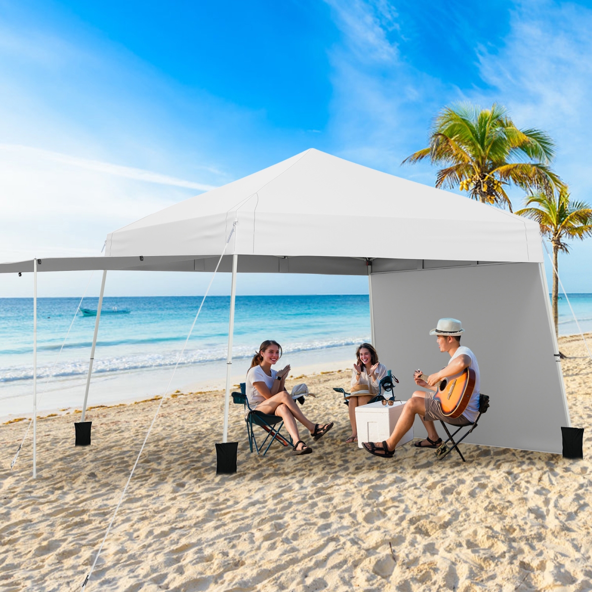 NP12558WH 14 x 9.2 ft. Pop up Canopy Tent with 2 Convertible Sidewalls to Awning & Stakes - White