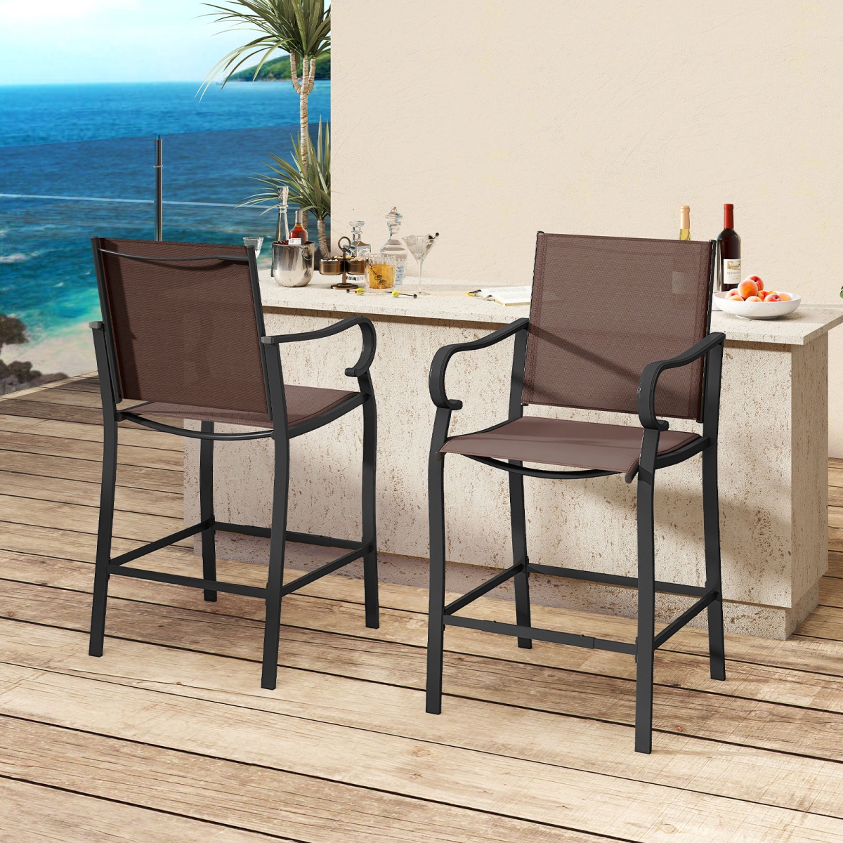 NP12647CF-2 Outdoor Counter Height Bar Stools with Breathable Mesh Fabric - Set of 2