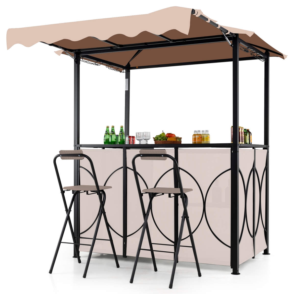NP12697CF- Grill Gazebo with Awning Outdoor BBQ Canopy Double-Tier Soft Top Barbecue Shelter - Coffee - 3 Piece