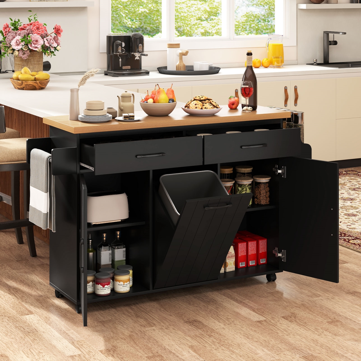 KC58362US-DK Mobile Kitchen Island Table with Trash Bag Storage for Dining Room - Black