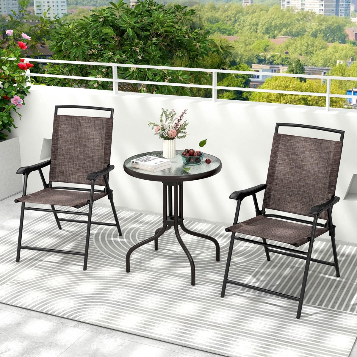 NP12278 Patio Round Table & Folding Chairs Set with Rippled Tempered Glass Tabletop - 3 Piece