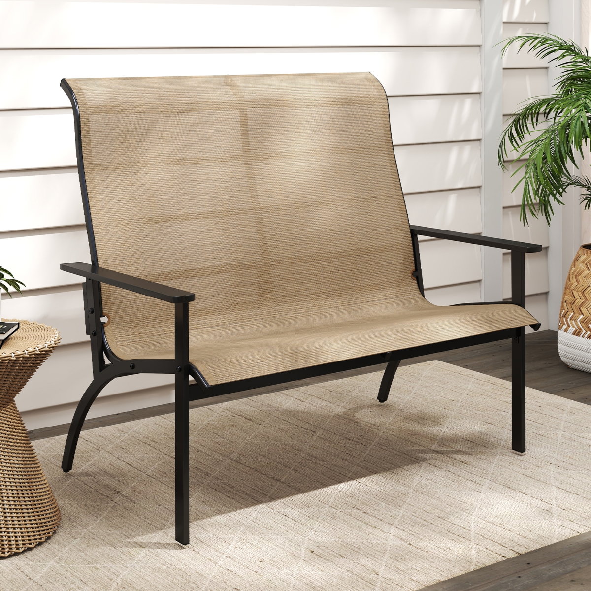 NP12310CF 2-Person Patio Garden Bench with High Back & Armrests - Coffee