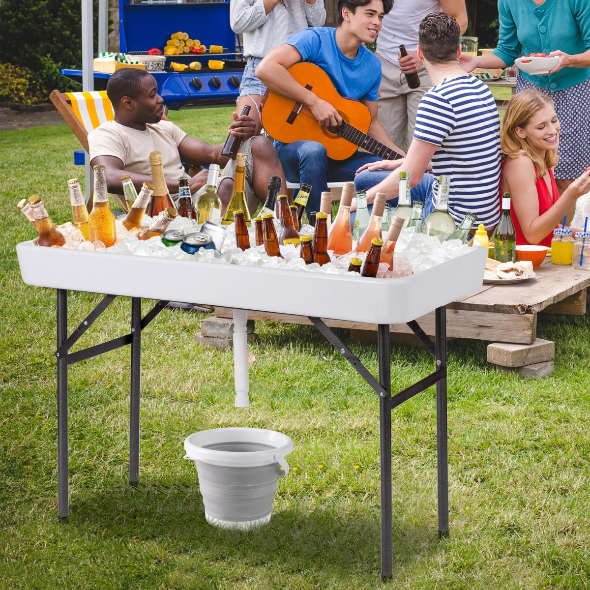 NP12345WH 4 ft. Plastic Party Ice Folding Table with Matching Skirt & Ice-Bucket - White