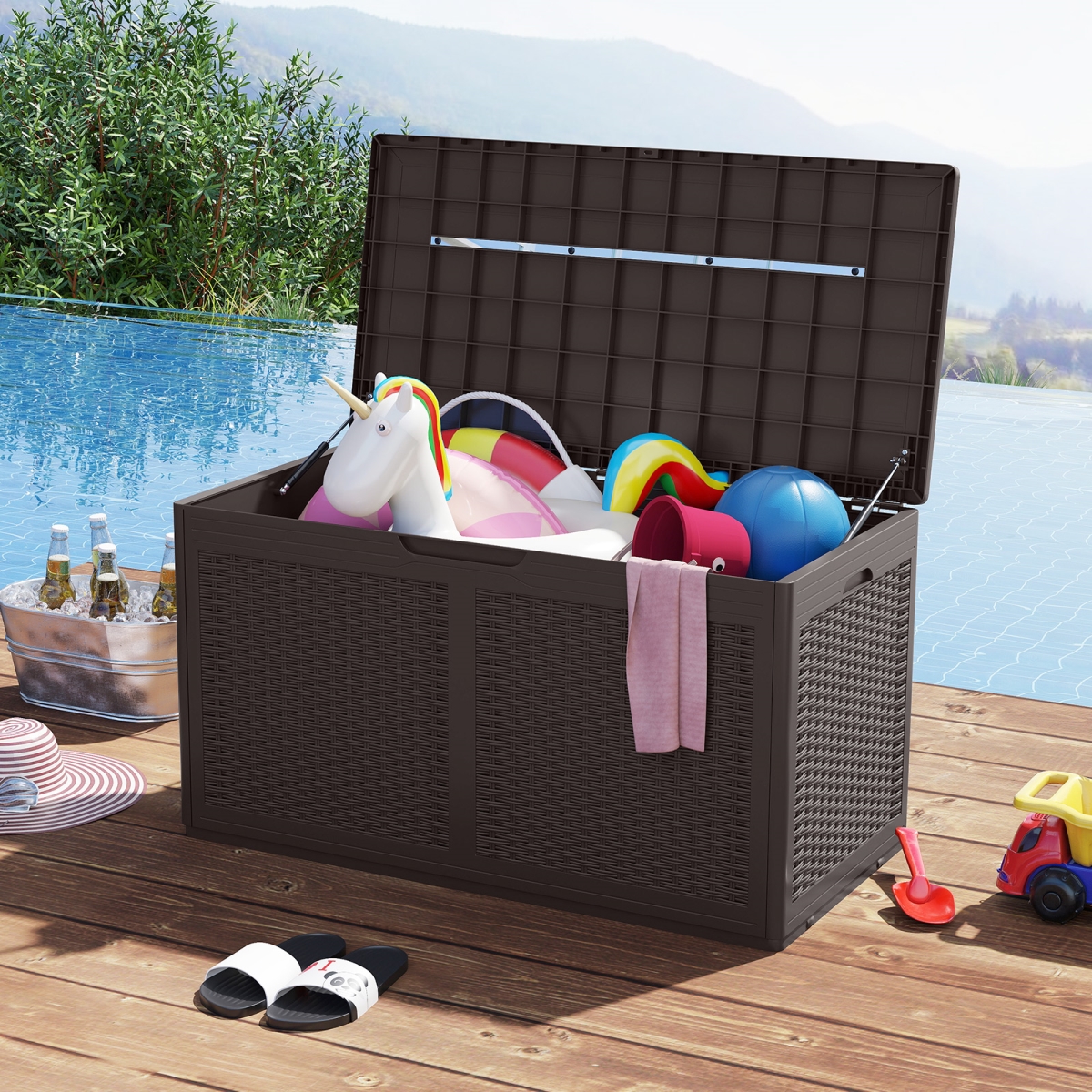 NP12401BN 100 Gallon Resin Deck Box Outdoor Waterproof Storage Bench - Brown