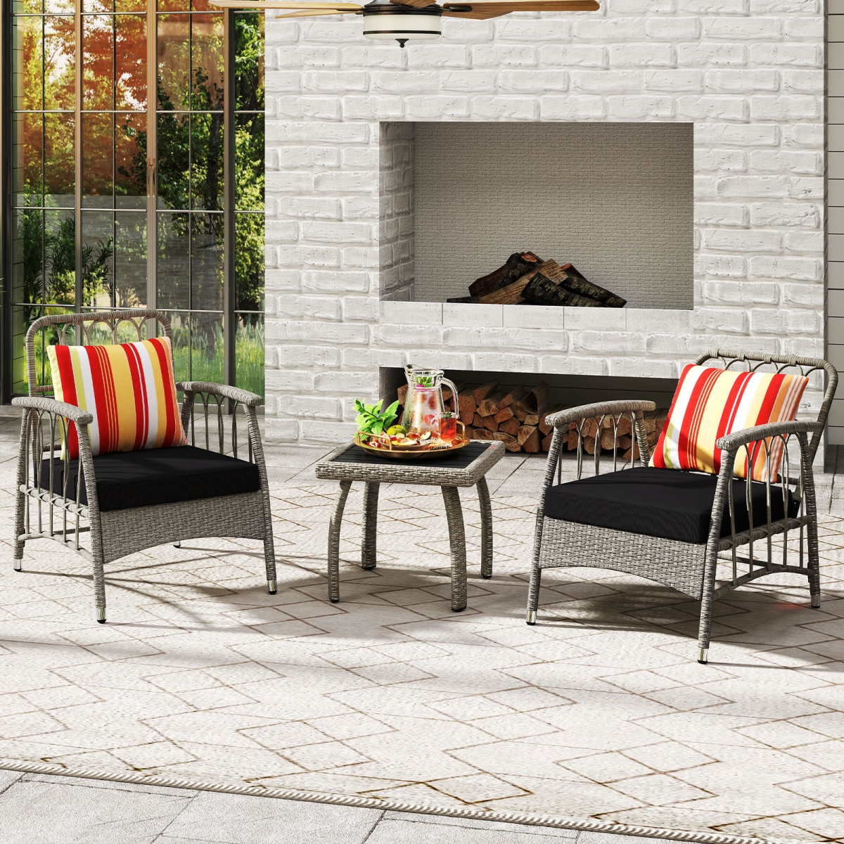 NP12469GR Patio PE Wicker Furniture Set with 5-Level Adjustable Backrest - Gray - 3 Piece