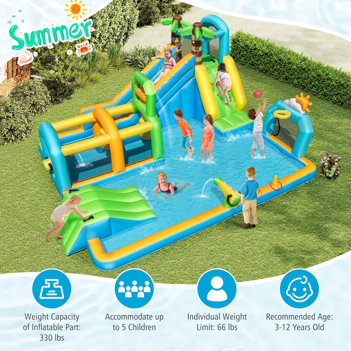 NP12499 Inflatable Tropical Theme Dual Slide Aqua Park Blower Excluded