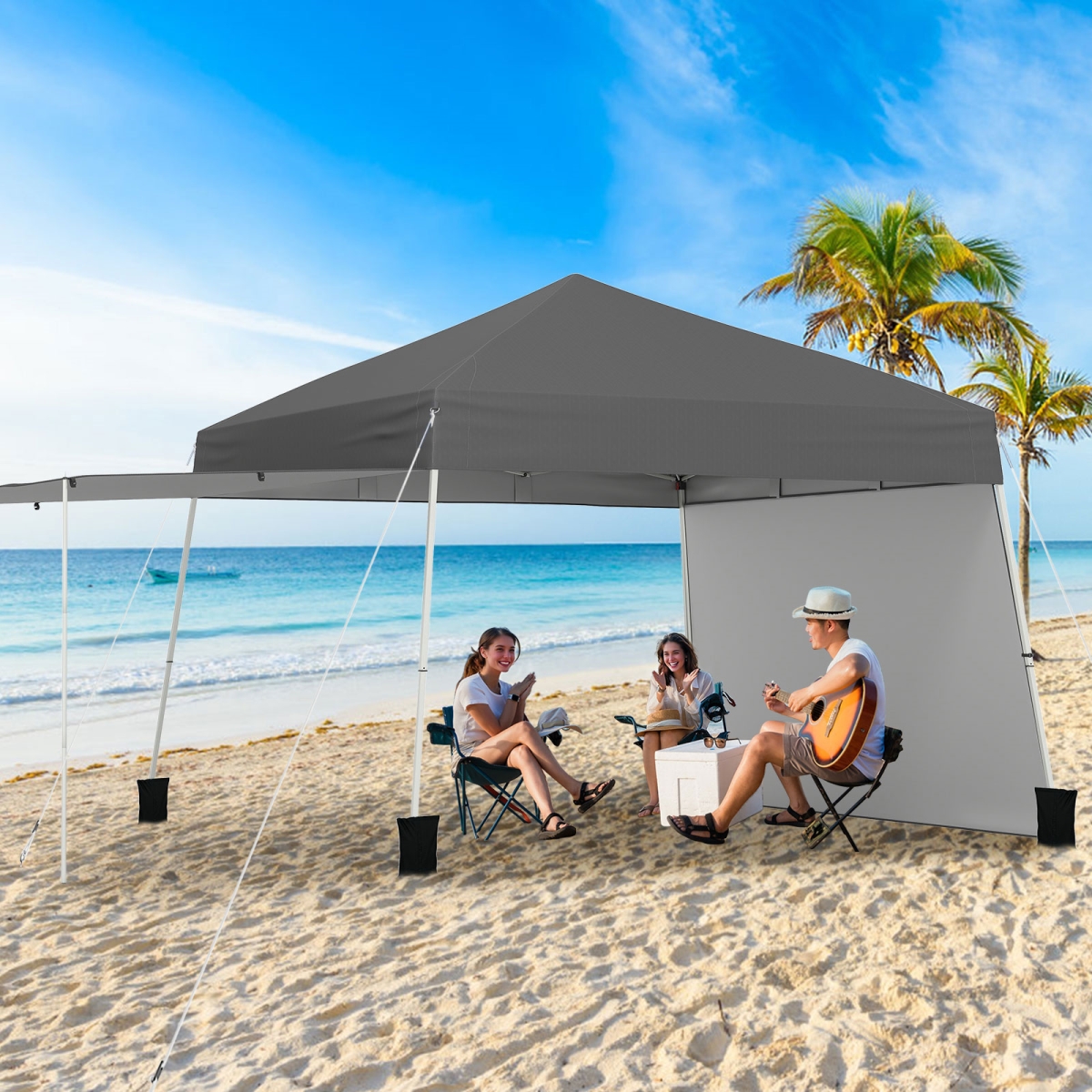 NP12558GR 14 x 9.2 ft. Pop up Canopy Tent with 2 Convertible Sidewalls to Awning & Stakes - Gray