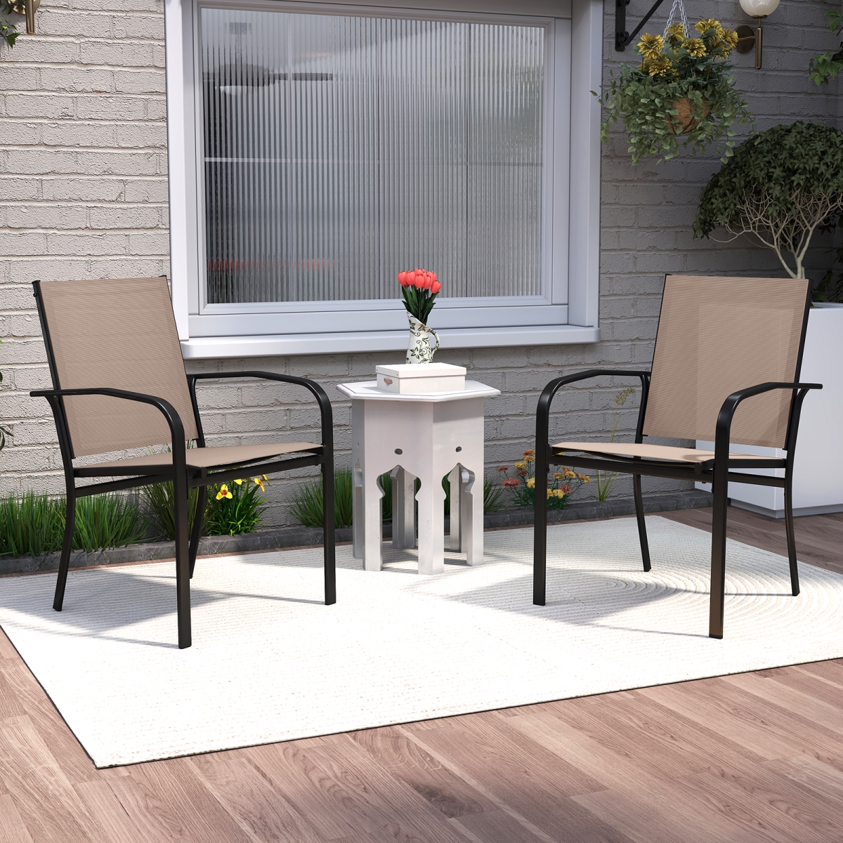 NP12645CF-2 Outdoor Dining Chairs with High Back & Metal Frame - Light Brown - Set of 2