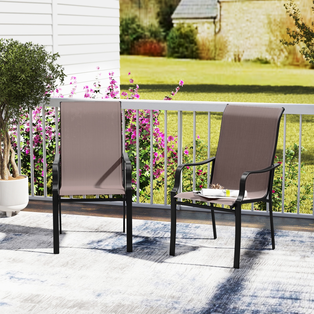 NP12646CF-2 Patio Dining Chair with Wide Seat & Heavy Duty Metal Frame - Brown - Set of 2