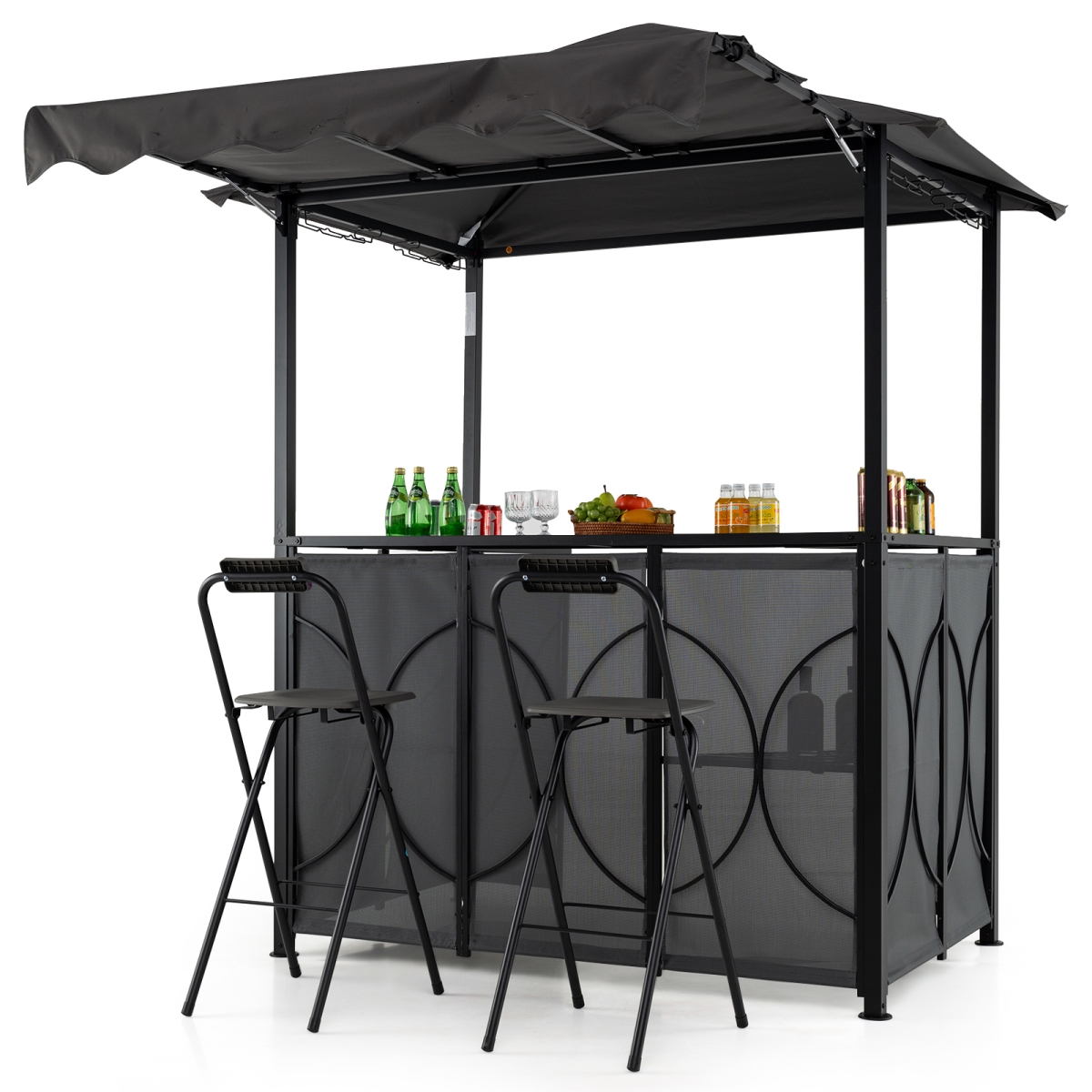 NP12697GR- Grill Gazebo with Awning Outdoor BBQ Canopy Double-Tier Soft Top Barbecue Shelter - Gray - 3 Piece