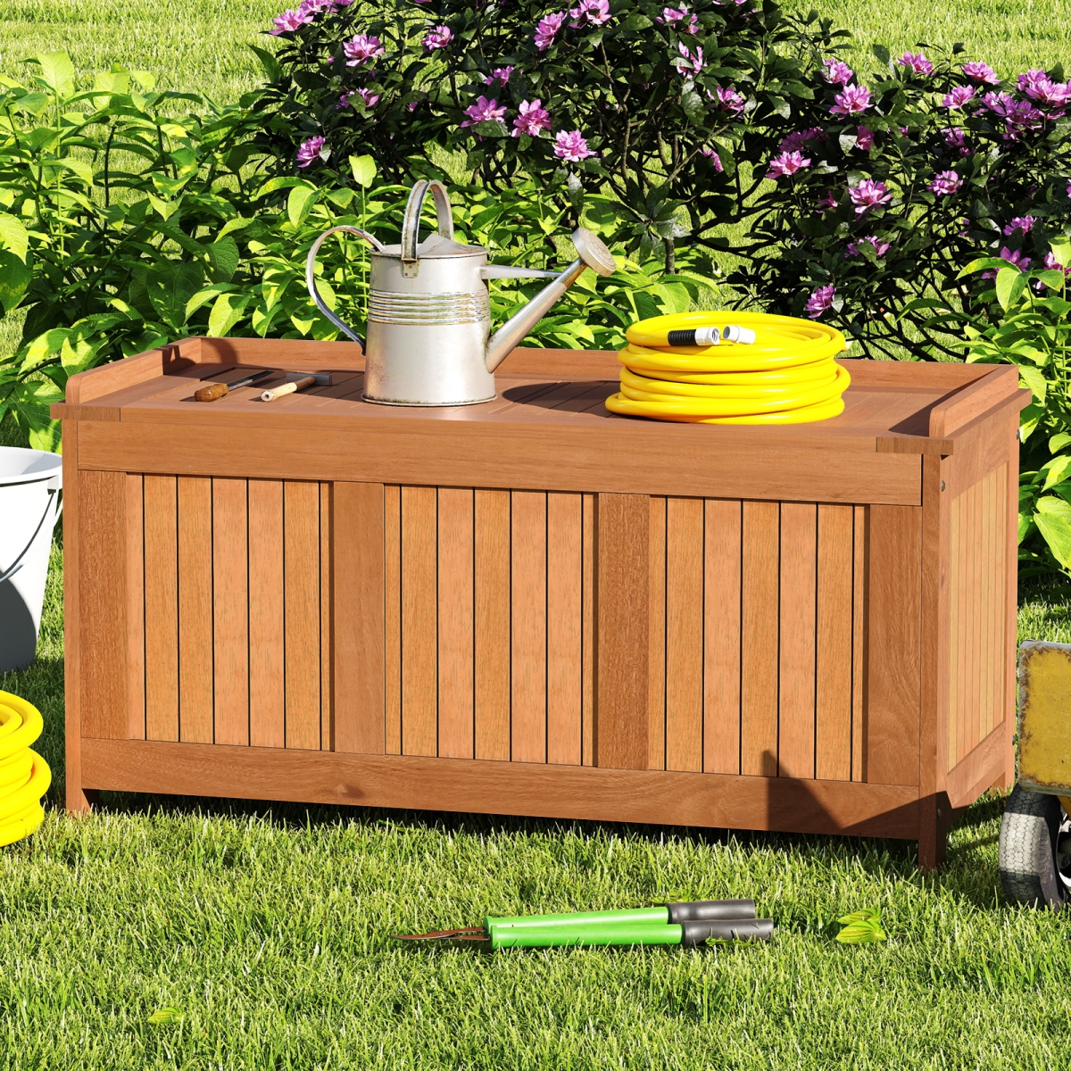 NP12857 58 Gallon 3-in-1 Patio Wood Deck Box with Flip Top for Cushions