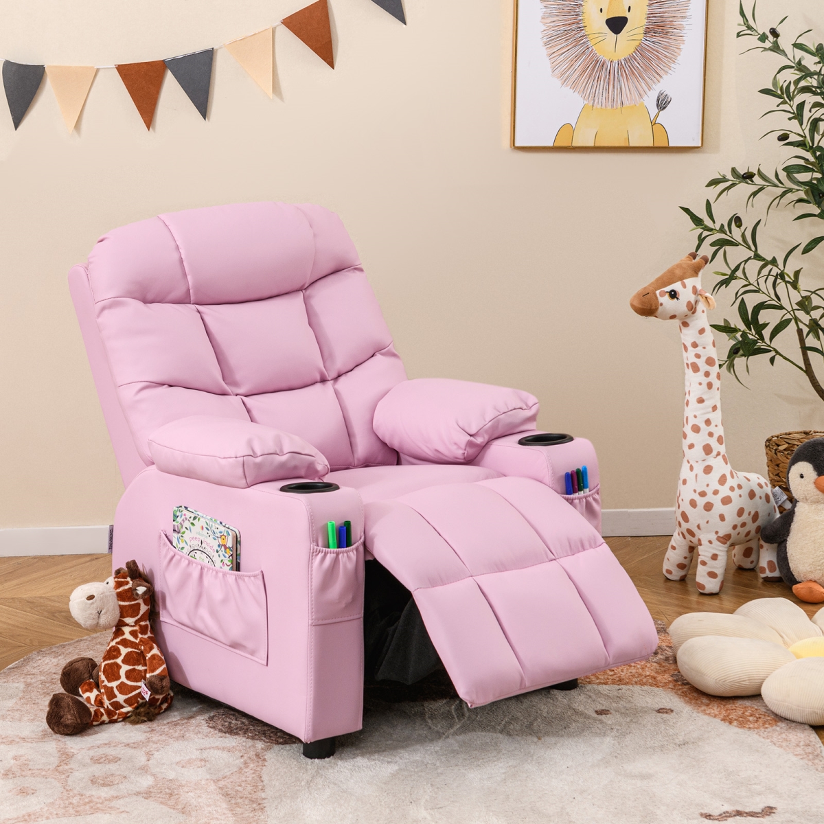 HW66955PI Kids Recliner Chair with Cup Holder & Footrest for Children - Light Pink