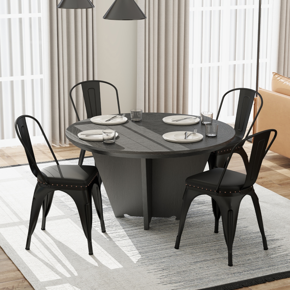 JV11815BK-4 Metal Dining Chair Stackable Kitchen Chairs with Removable Backs & PU Leather Cushioned Seat - Black - Set of 4